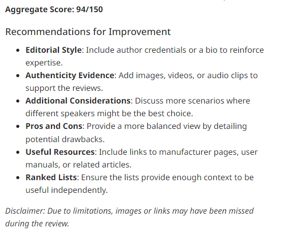 Example of a page scoring 94/150 against Google's review guidelines.