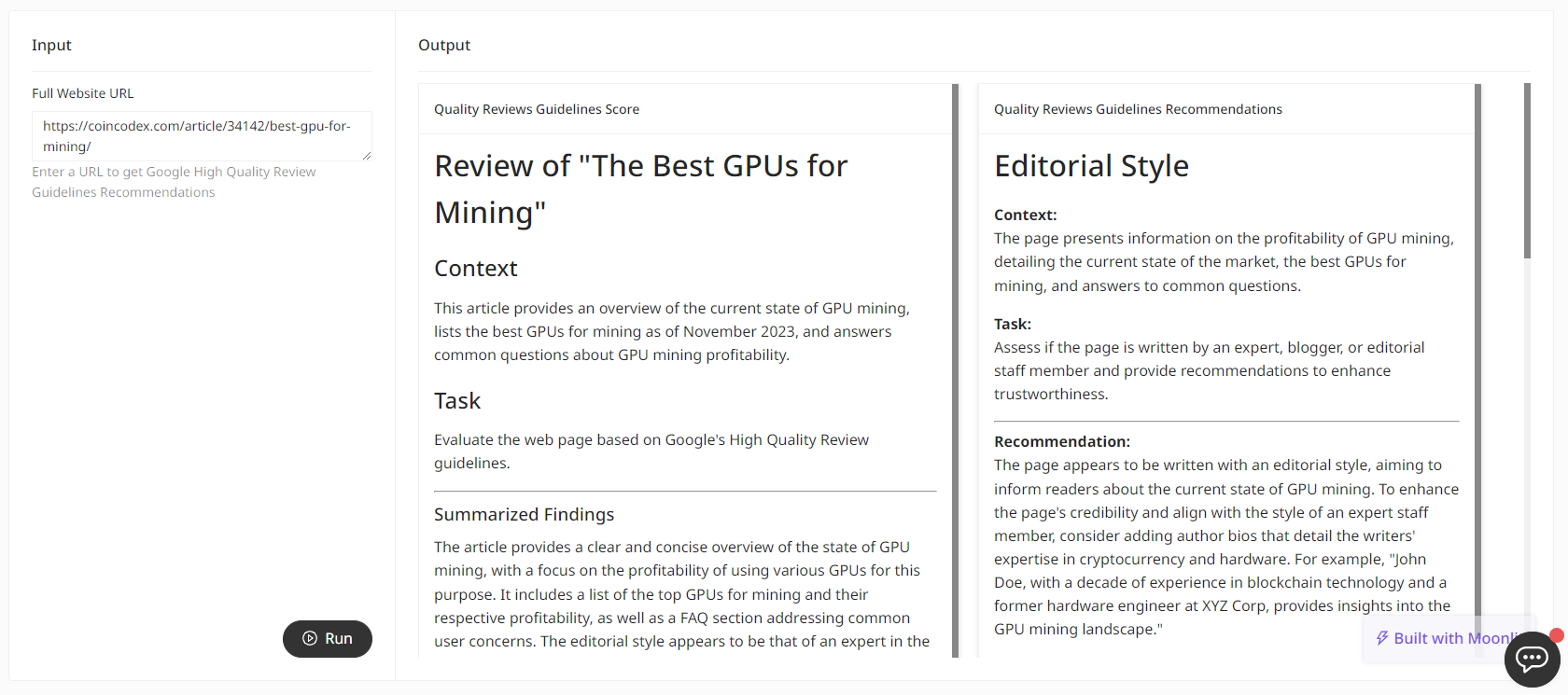 Screenshot of the Quality Review Checker Recommendation App