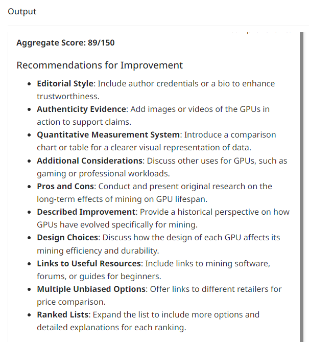 Example output score of the quality review checker app