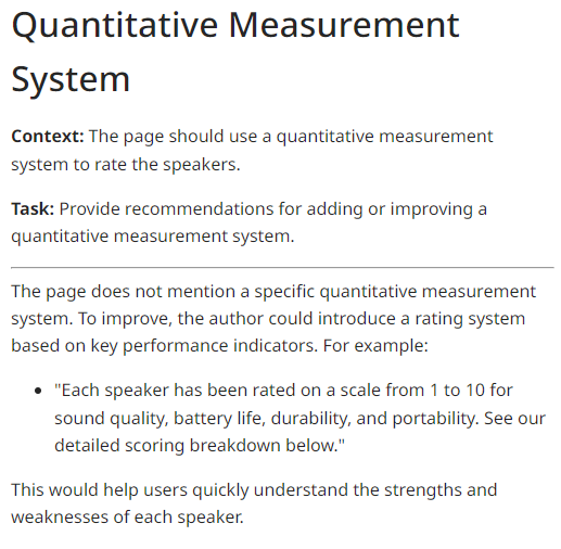 Example of the Google Reviews Checker app providing recommendations for adding a quantitative reviews system to a page.